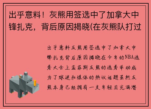 出乎意料！灰熊用签选中了加拿大中锋扎克，背后原因揭晓(在灰熊队打过球的球员)