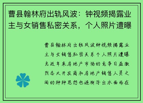 曹县翰林府出轨风波：钟视频揭露业主与女销售私密关系，个人照片遭曝光